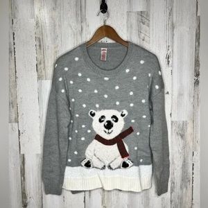 Holiday Time Women's Polka Dot Fuzzy Polar Bear Christmas Sweater Gray White Med